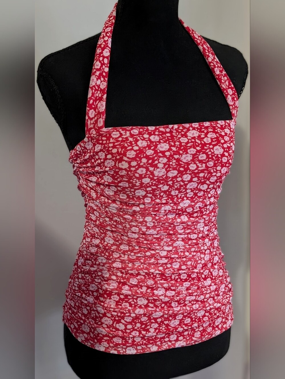 AFRM Kenzie Mesh Halter Top Red Ditsy Floral Ruched NWT S